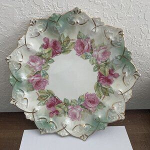 Antique M.Z. Austria Embossed Porcelain Plate – Pink Roses & Gold Trim – c.1